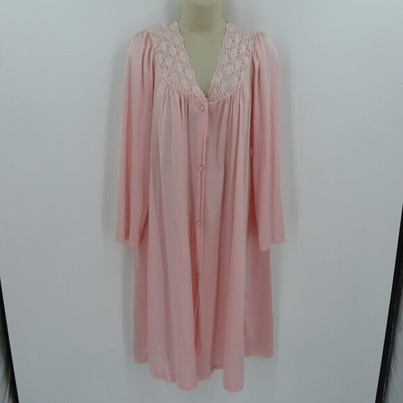 VTG Vanity Fair Women Medium Solid Pink Lace Trim Button Front Nightgown Dress - Picture 11 of 11